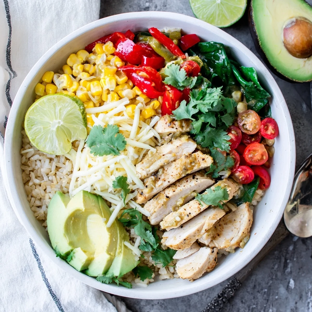 Nutritious Southwest spice green chile bowl arranged with brown rice, spiced vegetables, sliced avocado, and fresh cilantro garnish