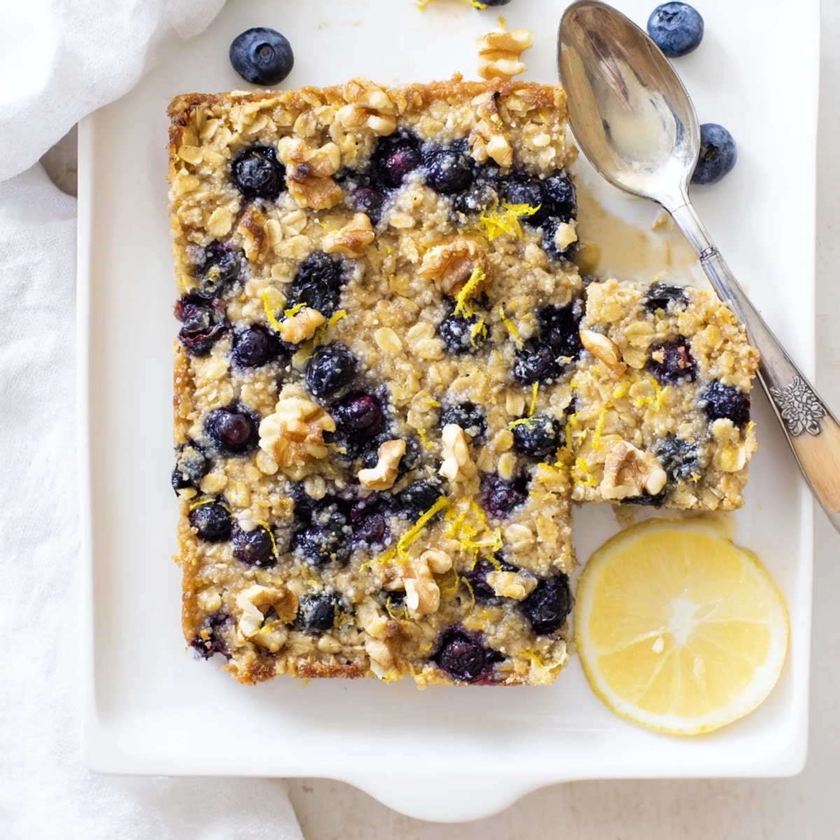 Warm lemon blueberry baked oatmeal squares served with a dusting of sweet cinnamon and nuts