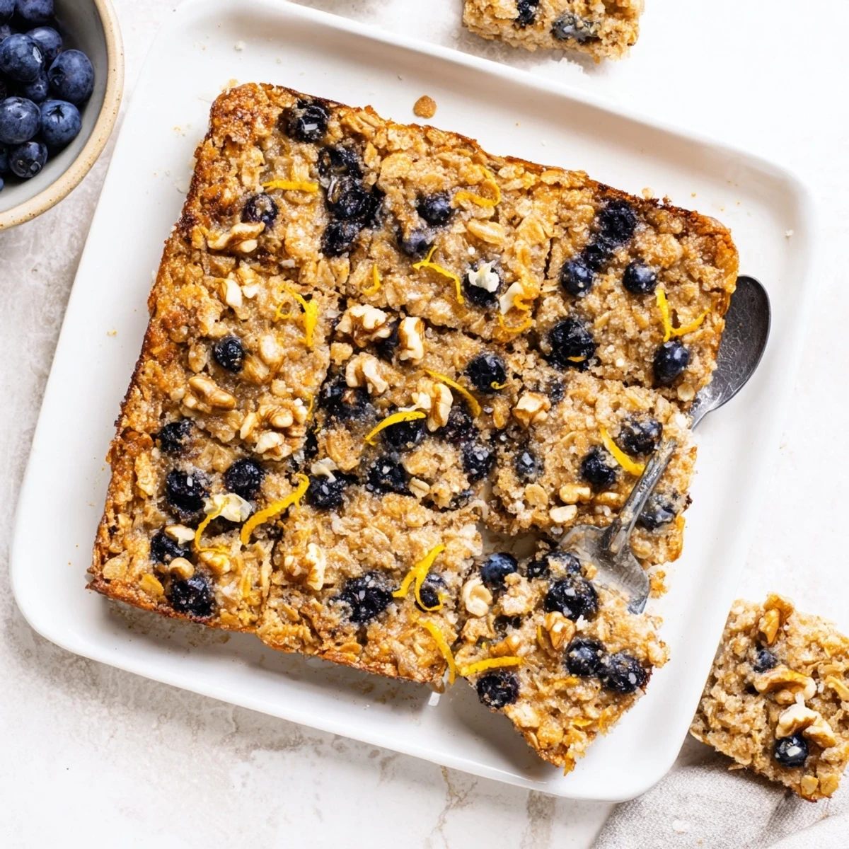 Fresh blueberries nestled in tender lemon-infused baked oatmeal sprinkled with optional coconut sugar topping