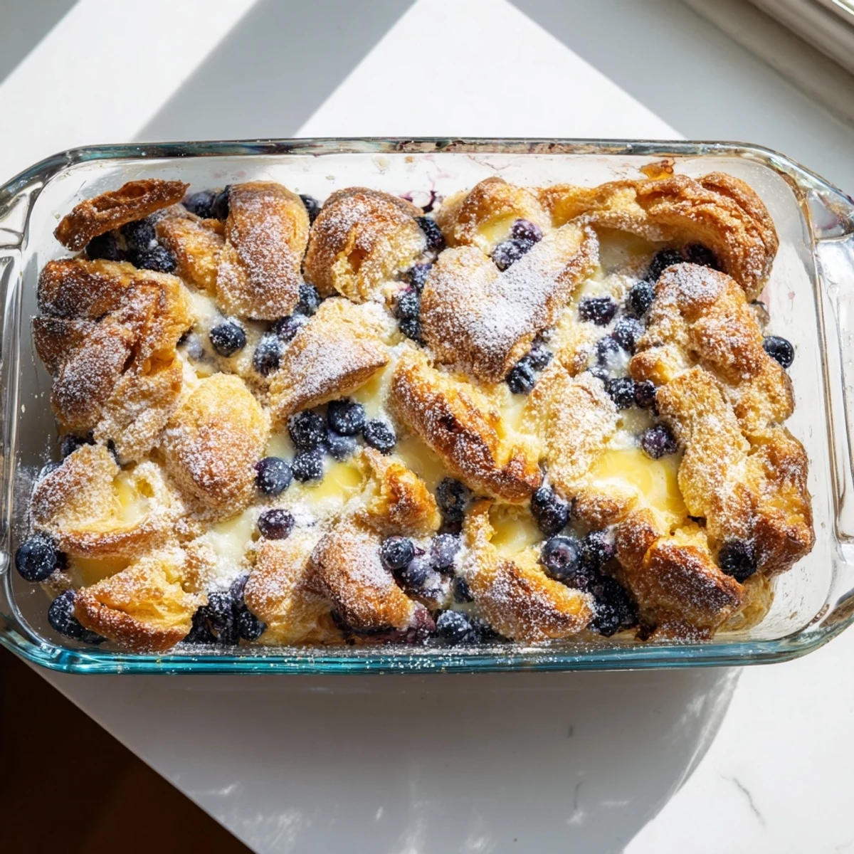 Golden blueberry cream cheese croissant casserole with bubbling fruit and tender baked layers