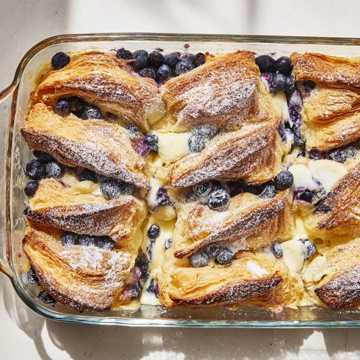 Buttery croissant breakfast bake studded with fresh blueberries and creamy cheese filling