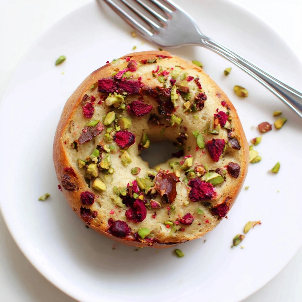 Golden Raspberry Pistachio Sourdough Bagels topped with crunchy nuts and vibrant red berry pieces