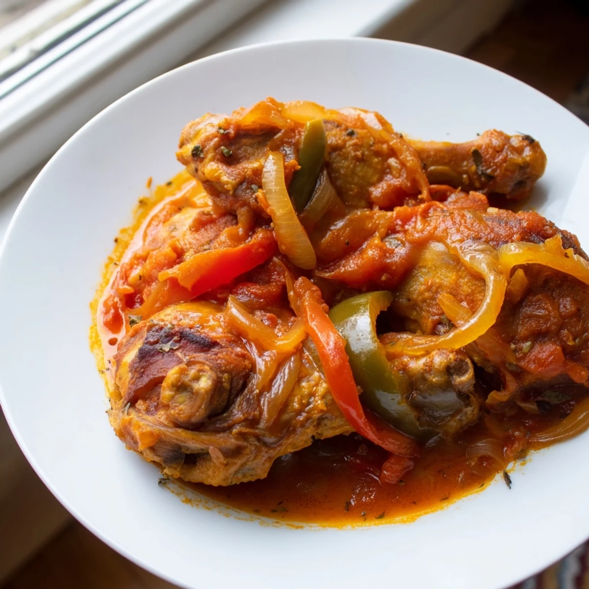 Tender Senegalese chicken simmered in rich tomato sauce with colorful bell peppers