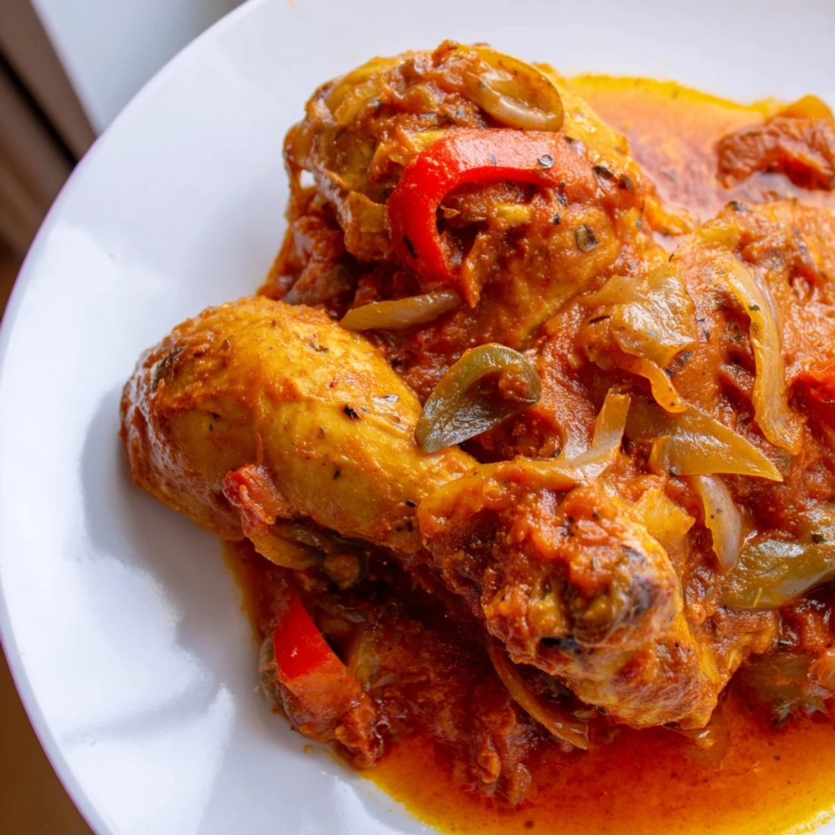 Golden brown Senegalese chicken pieces nestled in aromatic spiced onion tomato stew