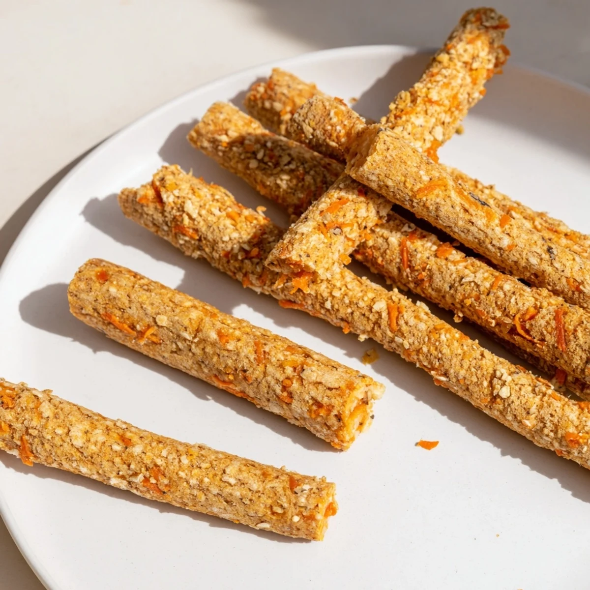 Golden homemade carrot apple dog chew sticks arranged on a rustic wooden cutting board