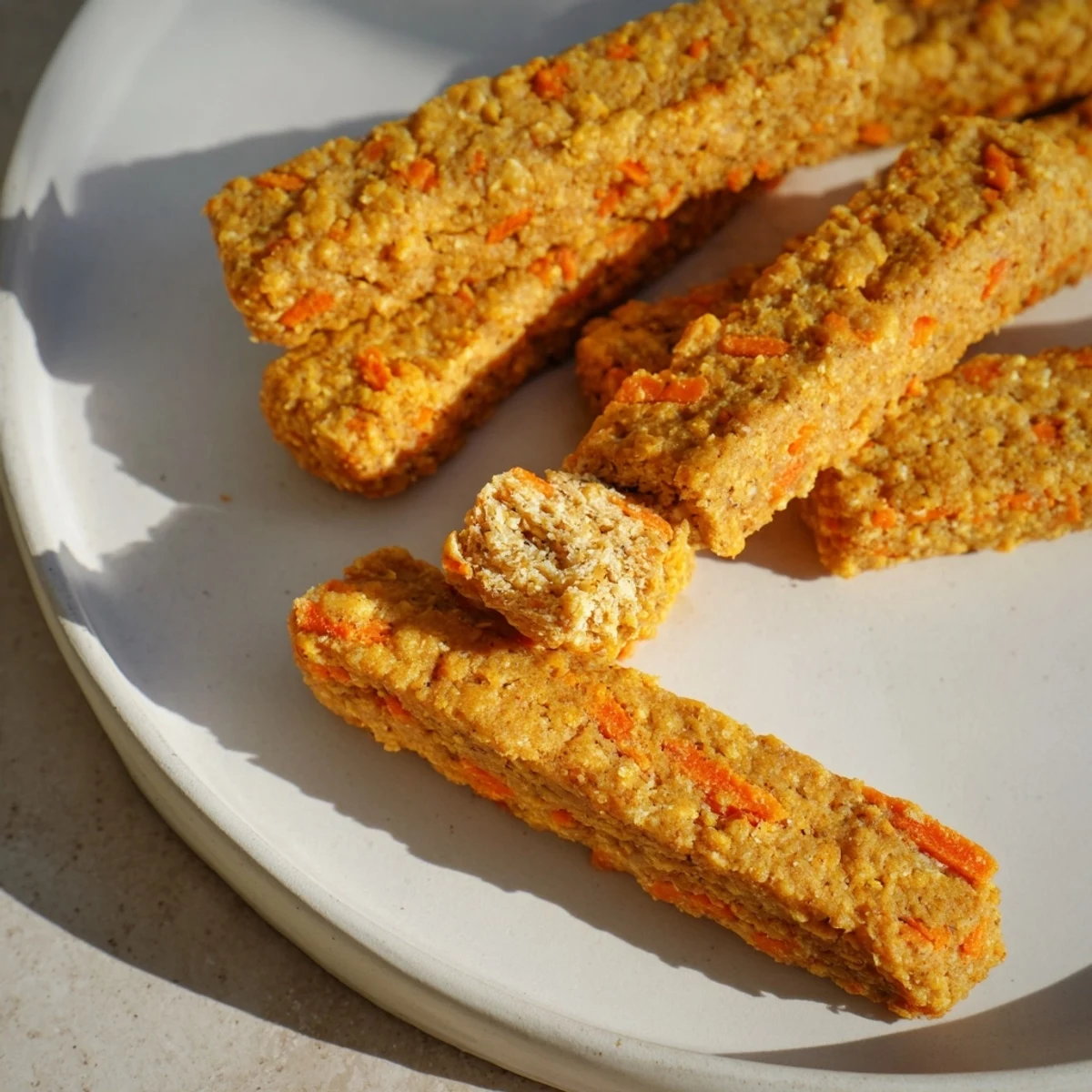 Oven-baked dog chew sticks made with grated apples and carrots cooling on parchment paper