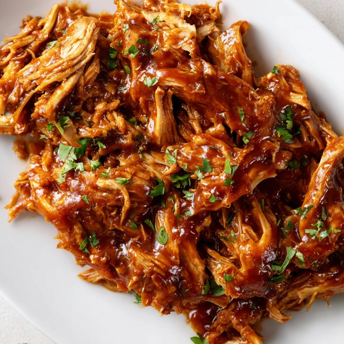 Tender Sweet Baby Ray's crockpot chicken glistening with rich barbecue sauce on a white plate