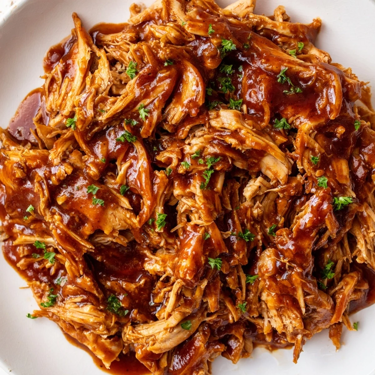 Savory Sweet Baby Ray's crockpot chicken shredding apart revealing juicy meat coated in tangy glaze