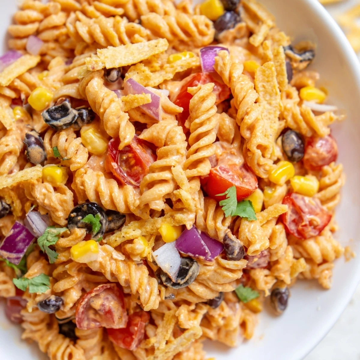 Colorful taco pasta salad in a serving bowl with melted cheddar cheese and fresh tomatoes