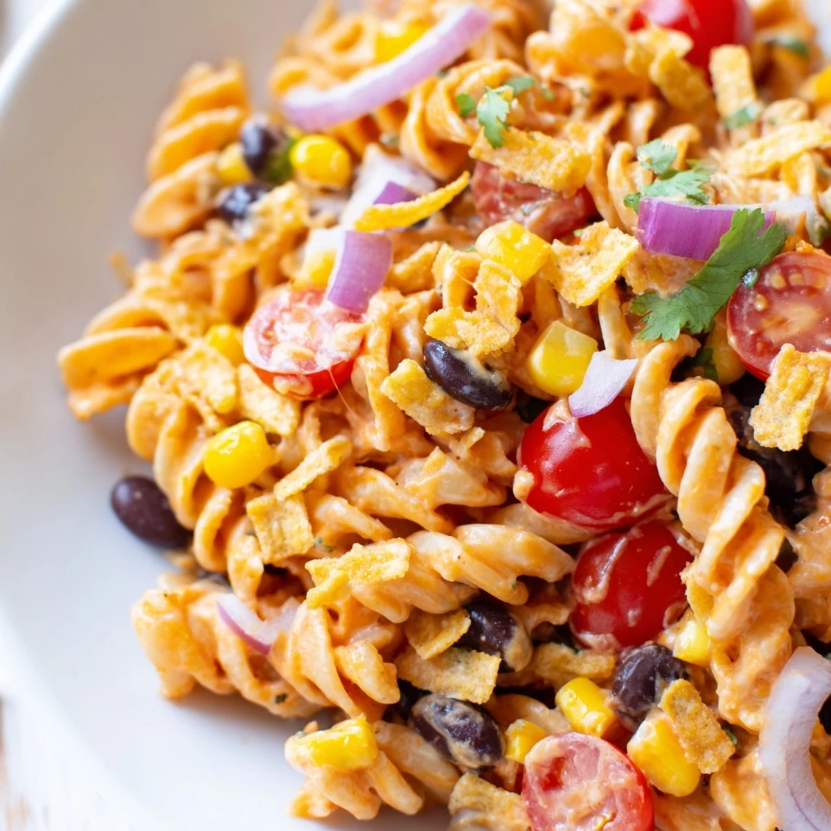 Creamy taco pasta salad topped with crunchy tortilla strips black beans and corn
