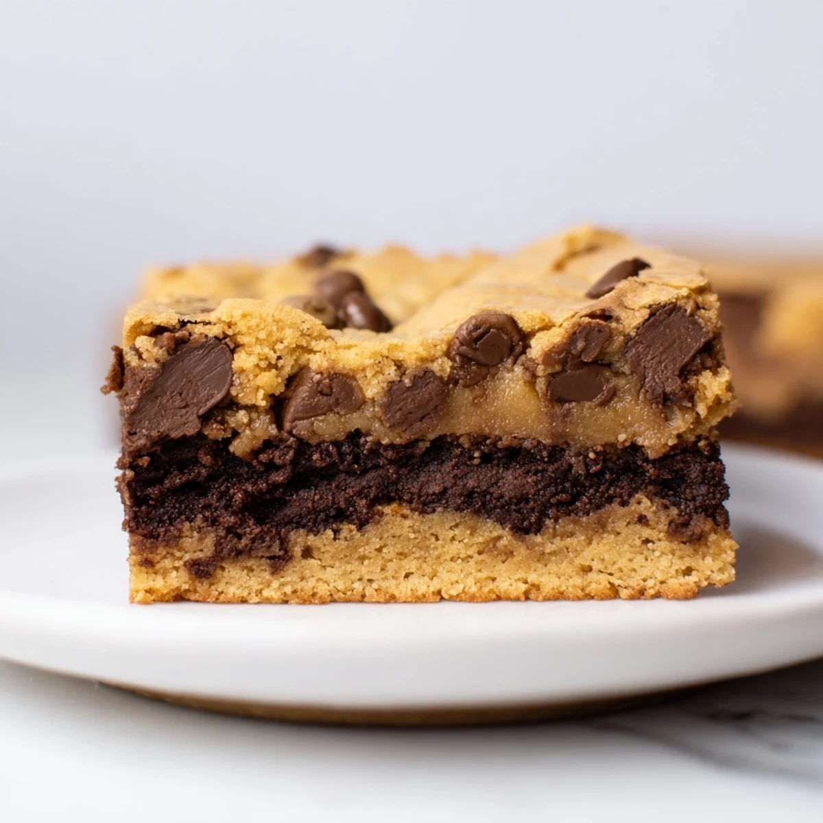 Fudgy vegan brookies with golden cookie crust and rich chocolate brownie base sliced into squares