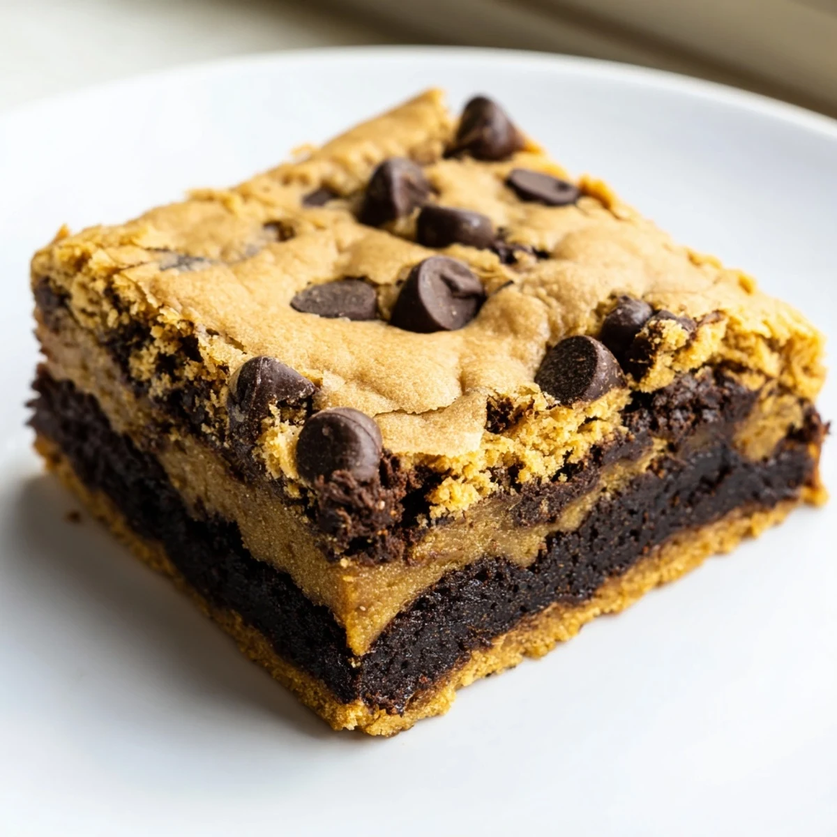 Decadent double layer vegan brookies topped with melty chocolate chips on a rustic baking pan