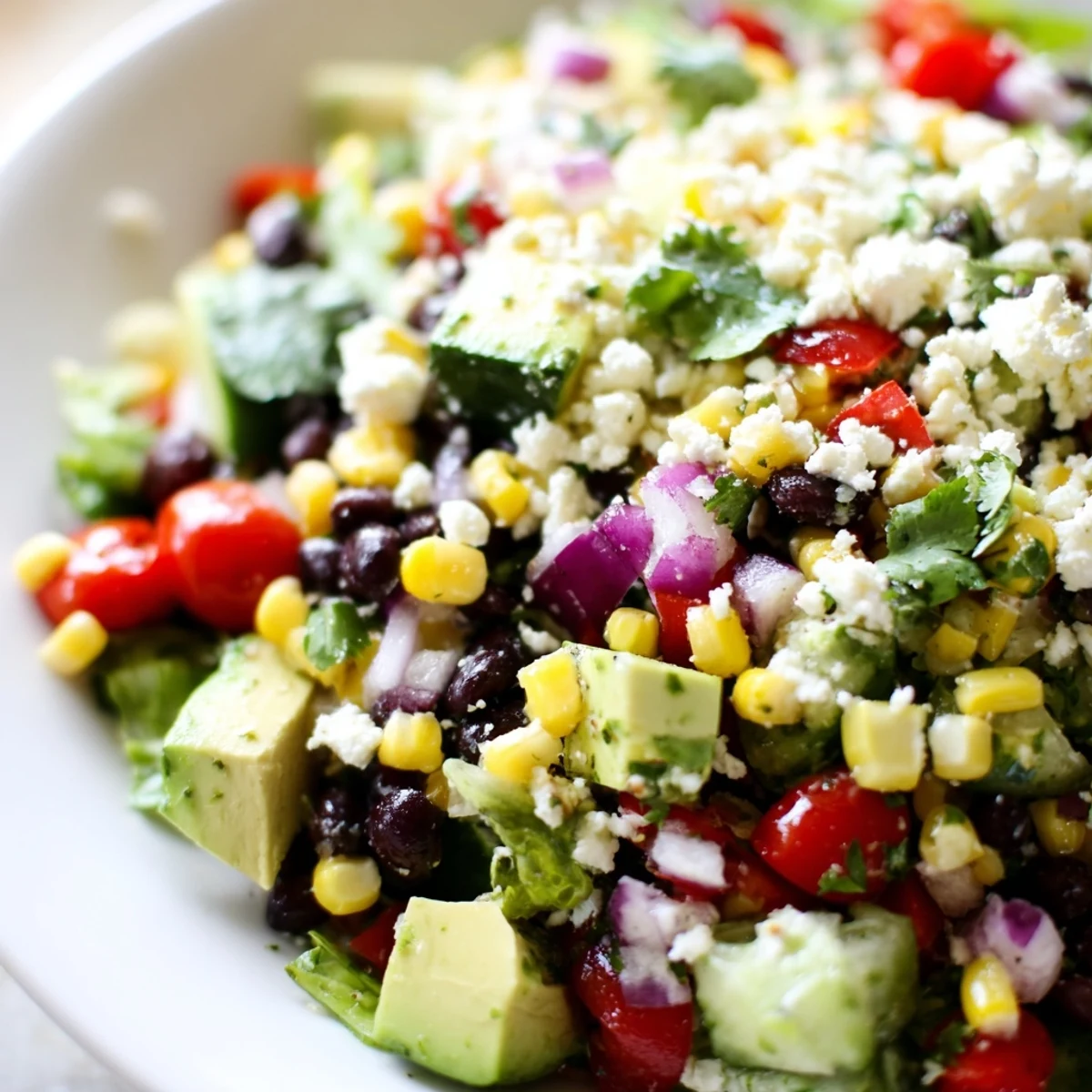Colorful Mexican chopped salad in a rustic bowl topped with crumbled cotija cheese and fresh cilantro