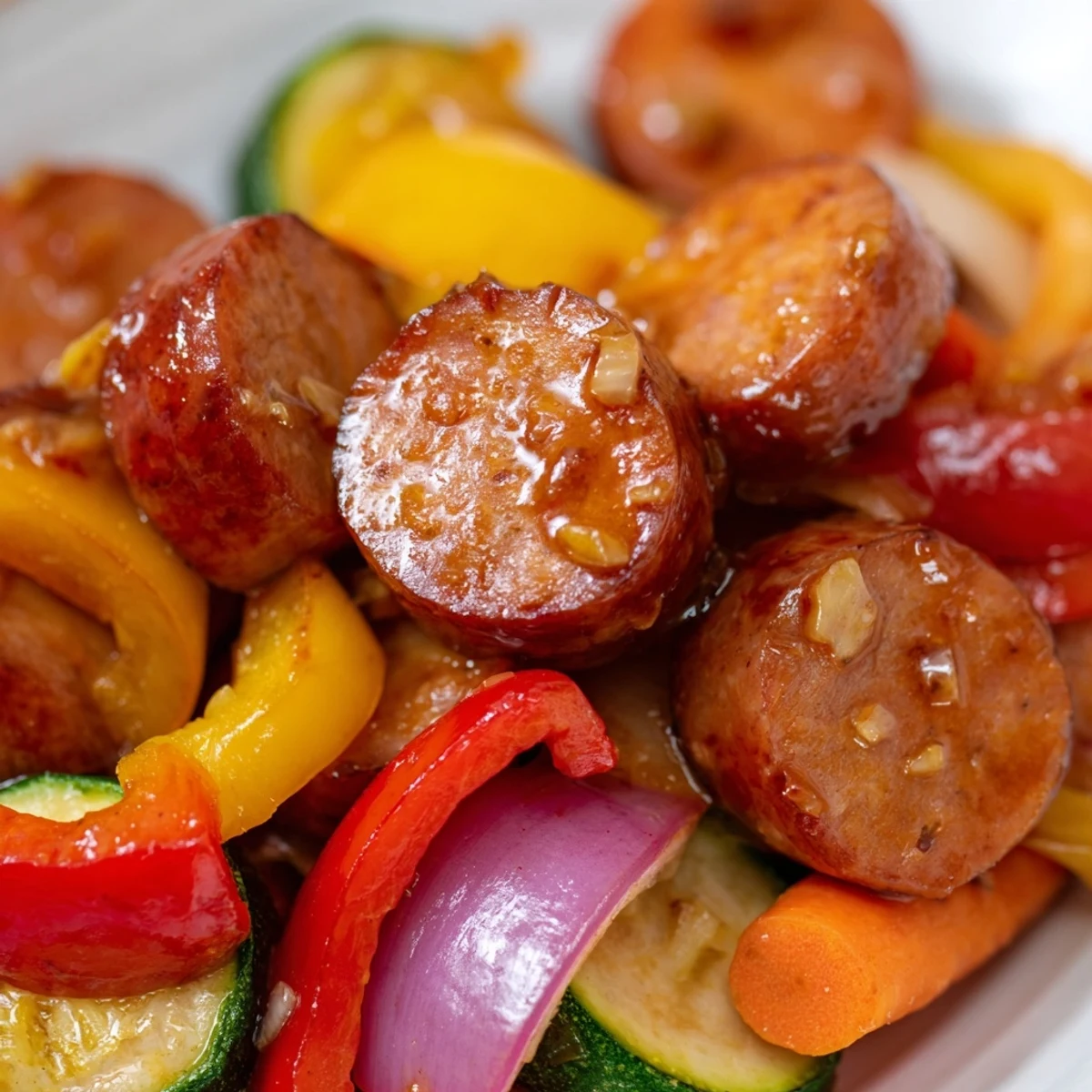 Honey Garlic Kielbasa Veggies sizzling in a cast iron skillet with colorful bell peppers and glossy glaze