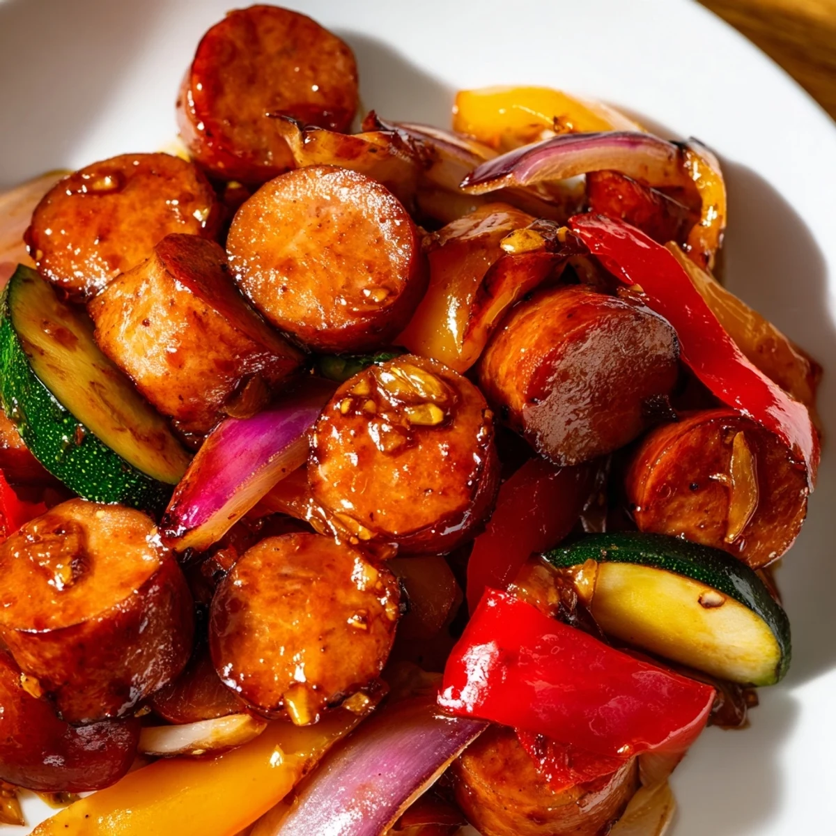 Smoky sausage and vibrant vegetables coated in sticky honey garlic sauce served in a rustic pan