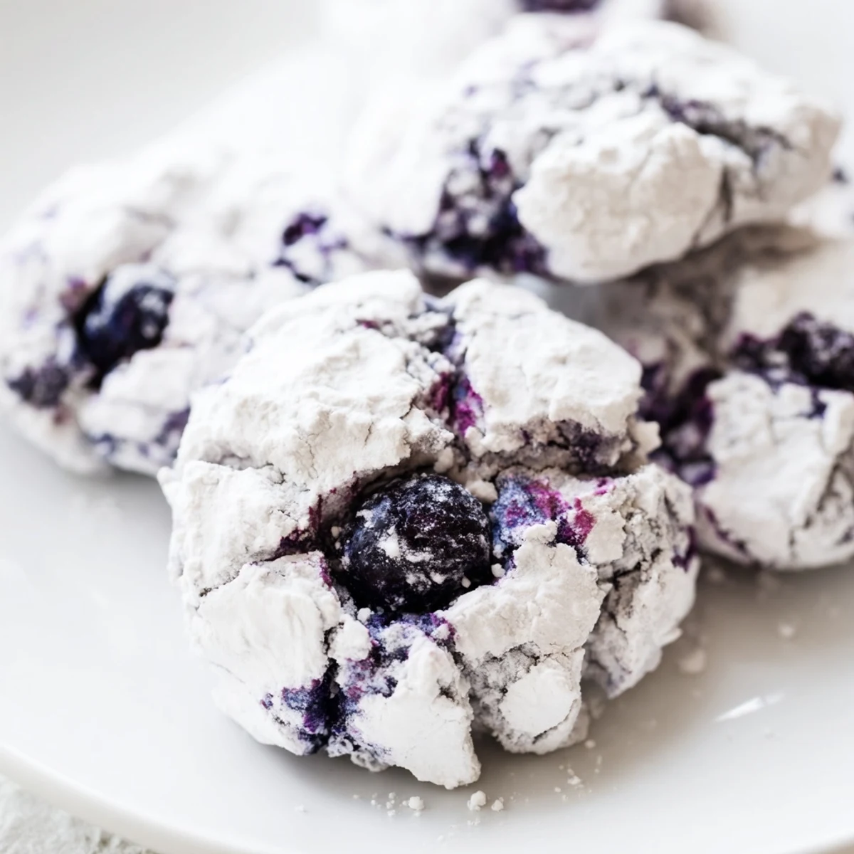Soft blueberry crinkle cookies coated in powdered sugar with cracked white tops and purple berry spots