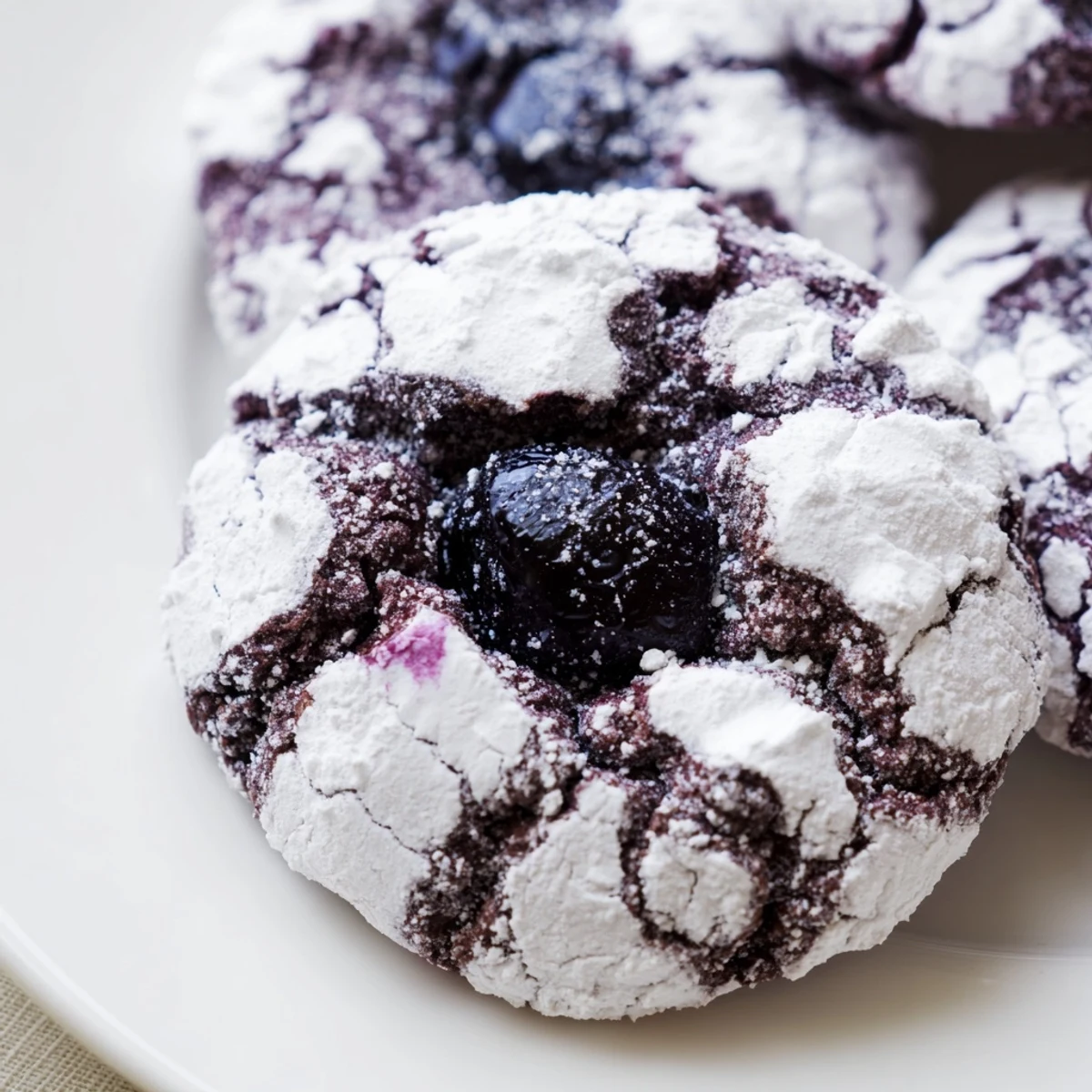 Fresh blueberry crinkle cookies showing characteristic fissures throughout powdered sugar dusted soft chewy dessert
