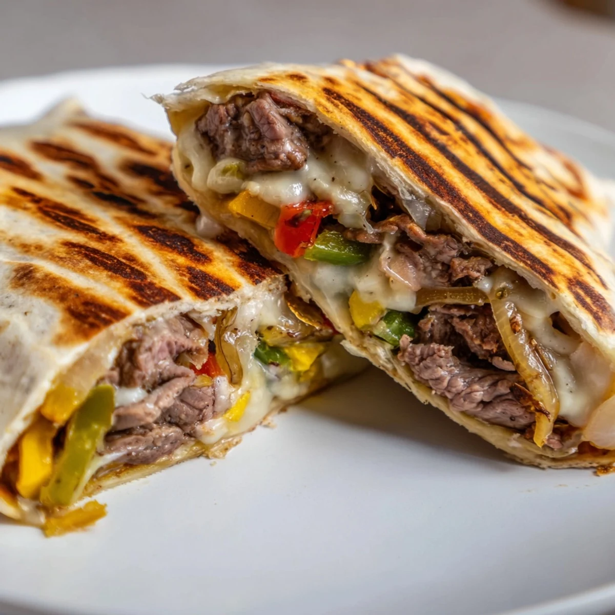 Golden crispy Philly cheesesteak grilled wraps with melted cheese and colorful peppers