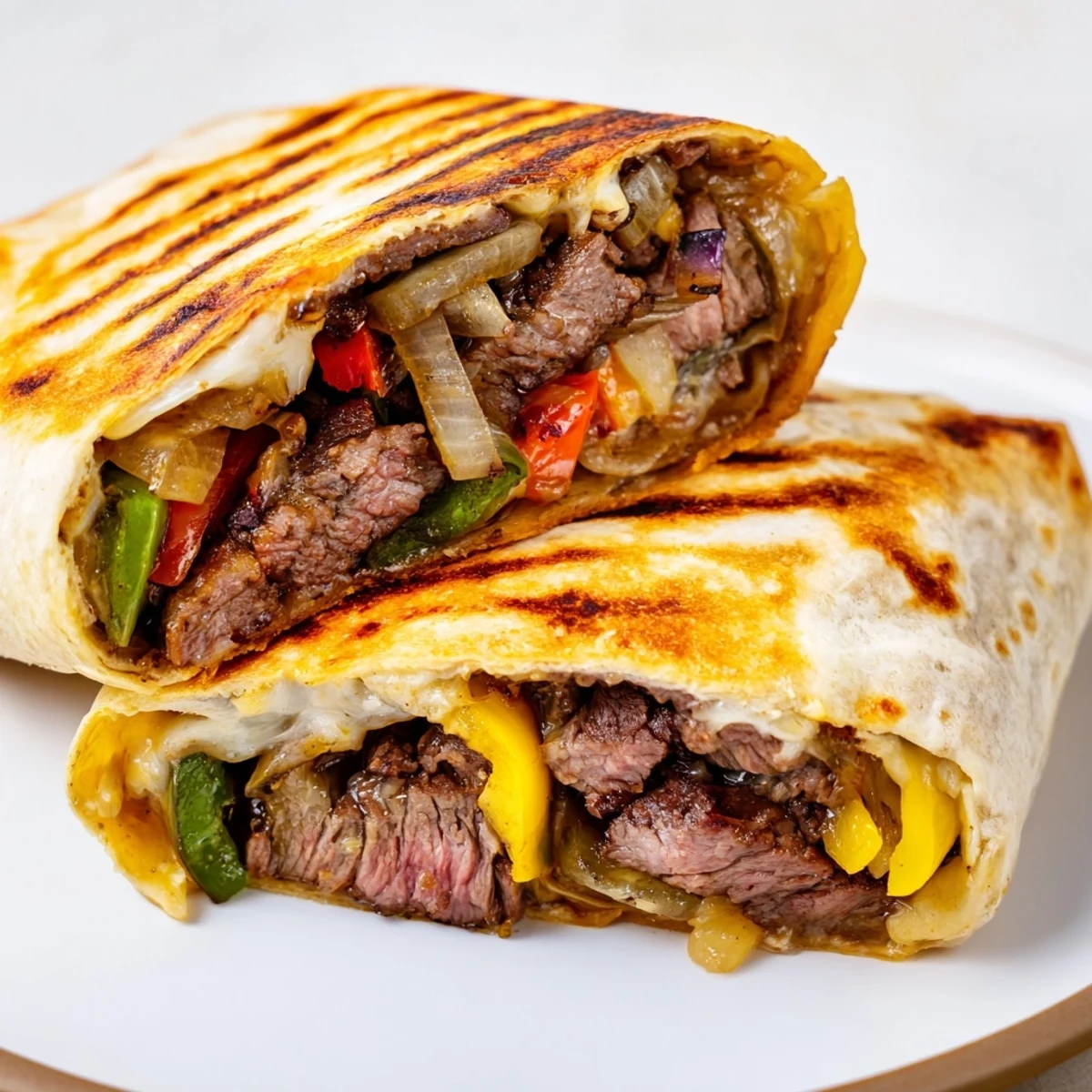 Philly cheesesteak grilled wraps sliced open revealing tender steak and gooey provolone