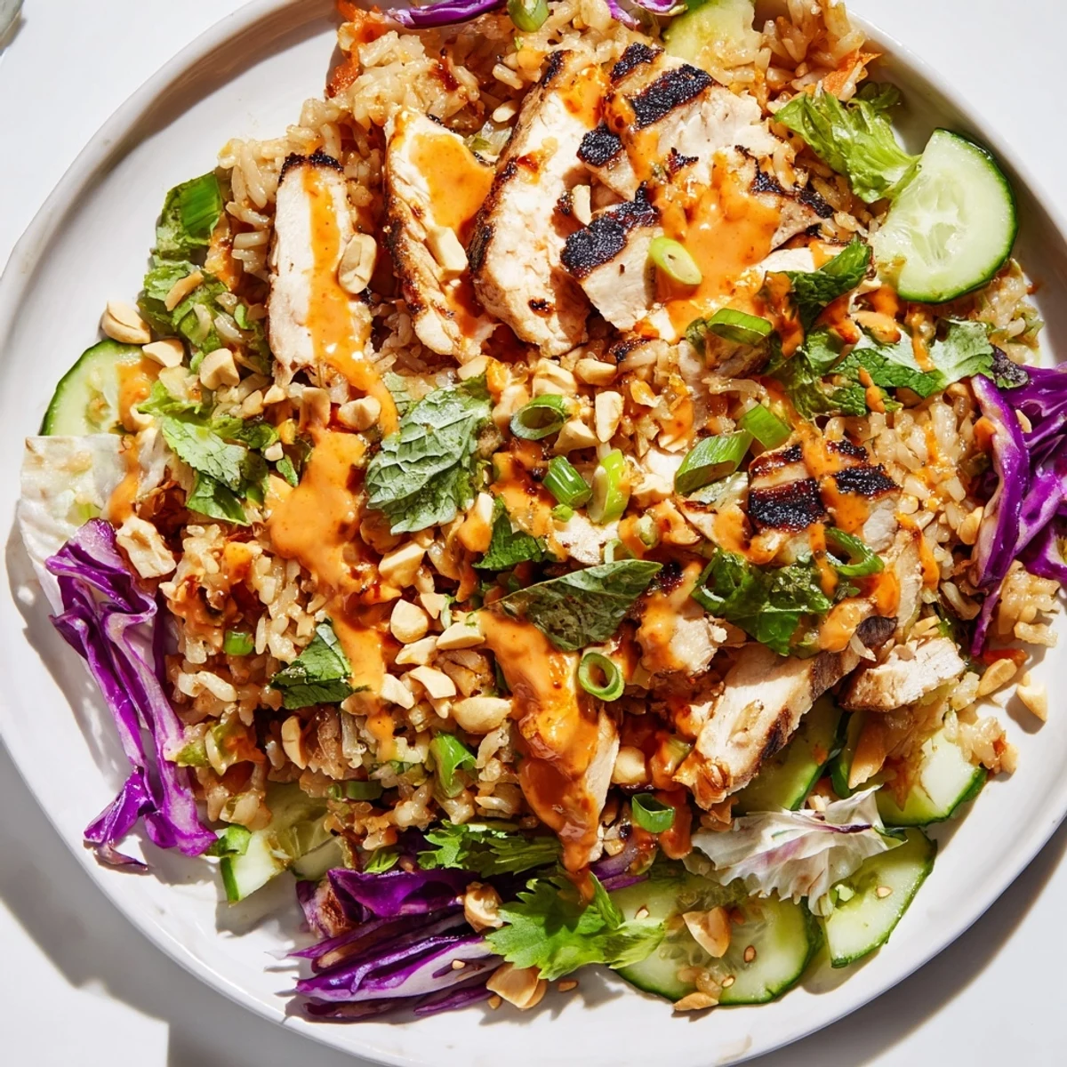 Golden crispy rice and tender sliced chicken top this vibrant Bang Bang Chicken Crispy Rice Salad