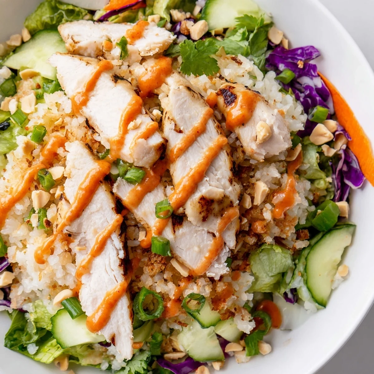 Creamy spicy sauce drizzles over crunchy vegetables and crispy rice in Bang Bang Chicken salad