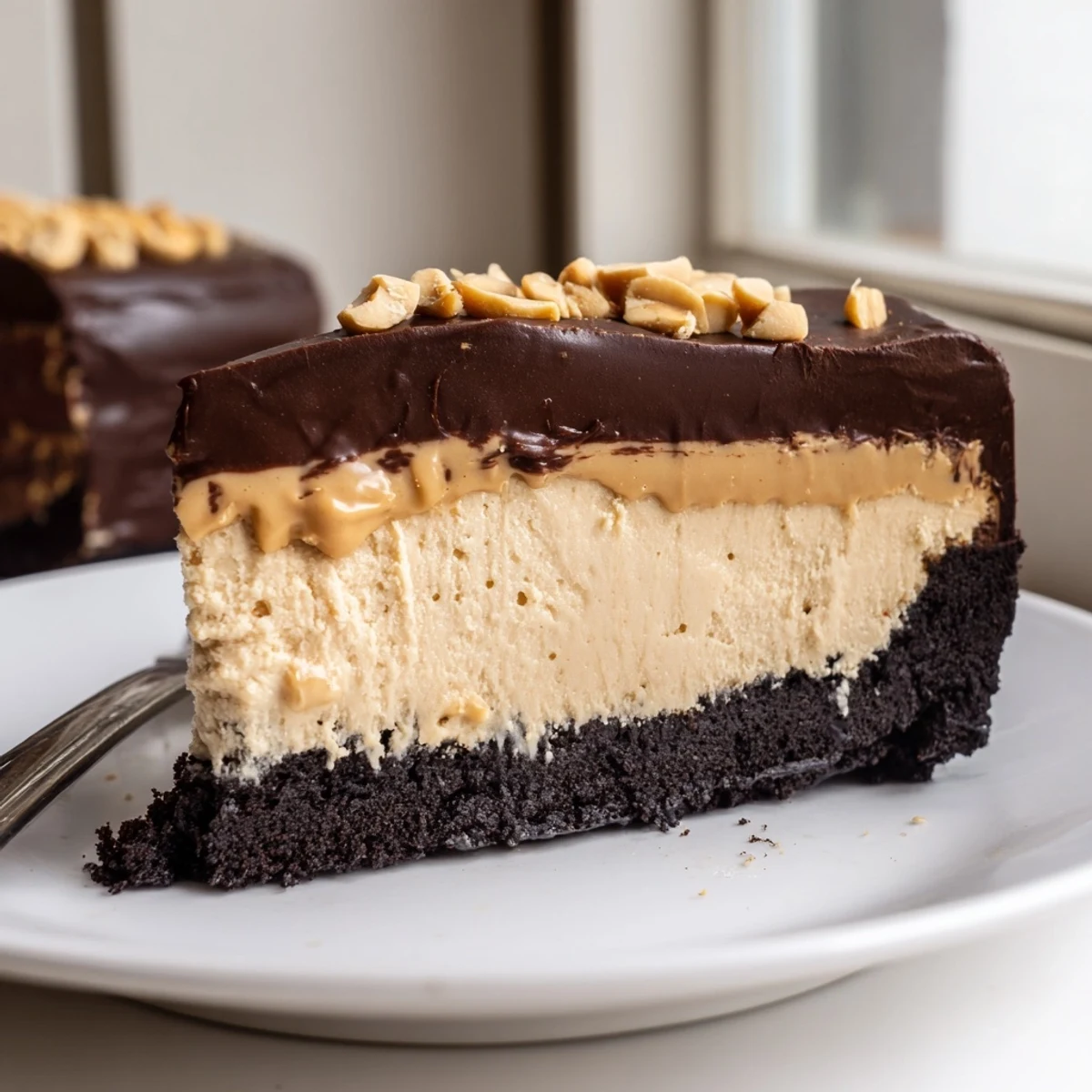 Creamy no bake peanut butter pie slice topped with glossy chocolate ganache on a dark cookie crust