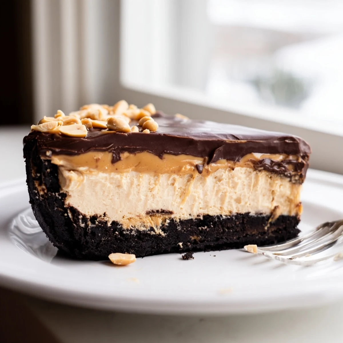 No bake peanut butter pie with fluffy filling piped with whipped cream and chopped peanuts