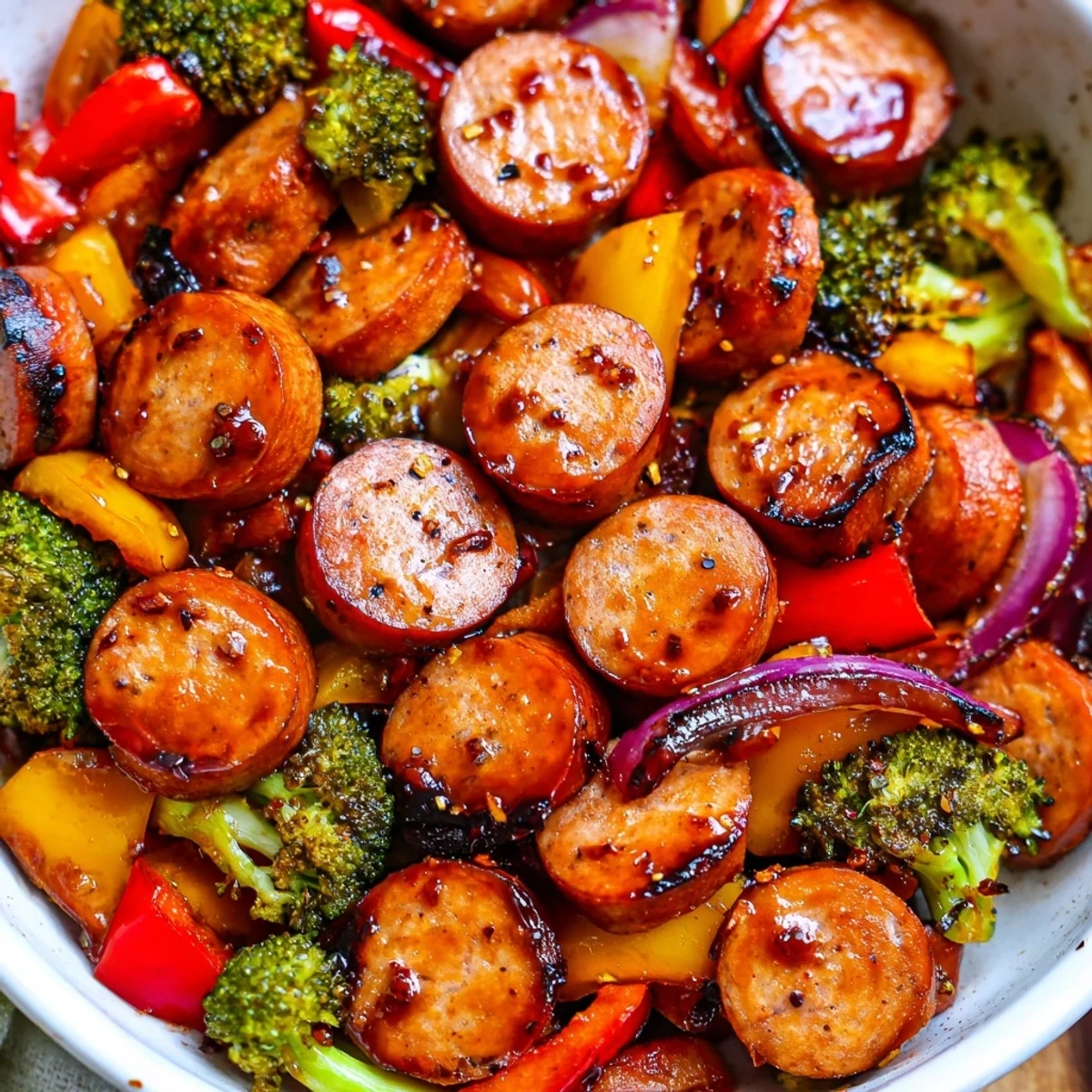 Golden honey garlic kielbasa and colorful roasted vegetables sizzling on a sheet pan