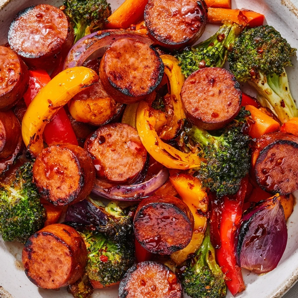 Honey garlic kielbasa with caramelized broccoli peppers and carrots ready for serving