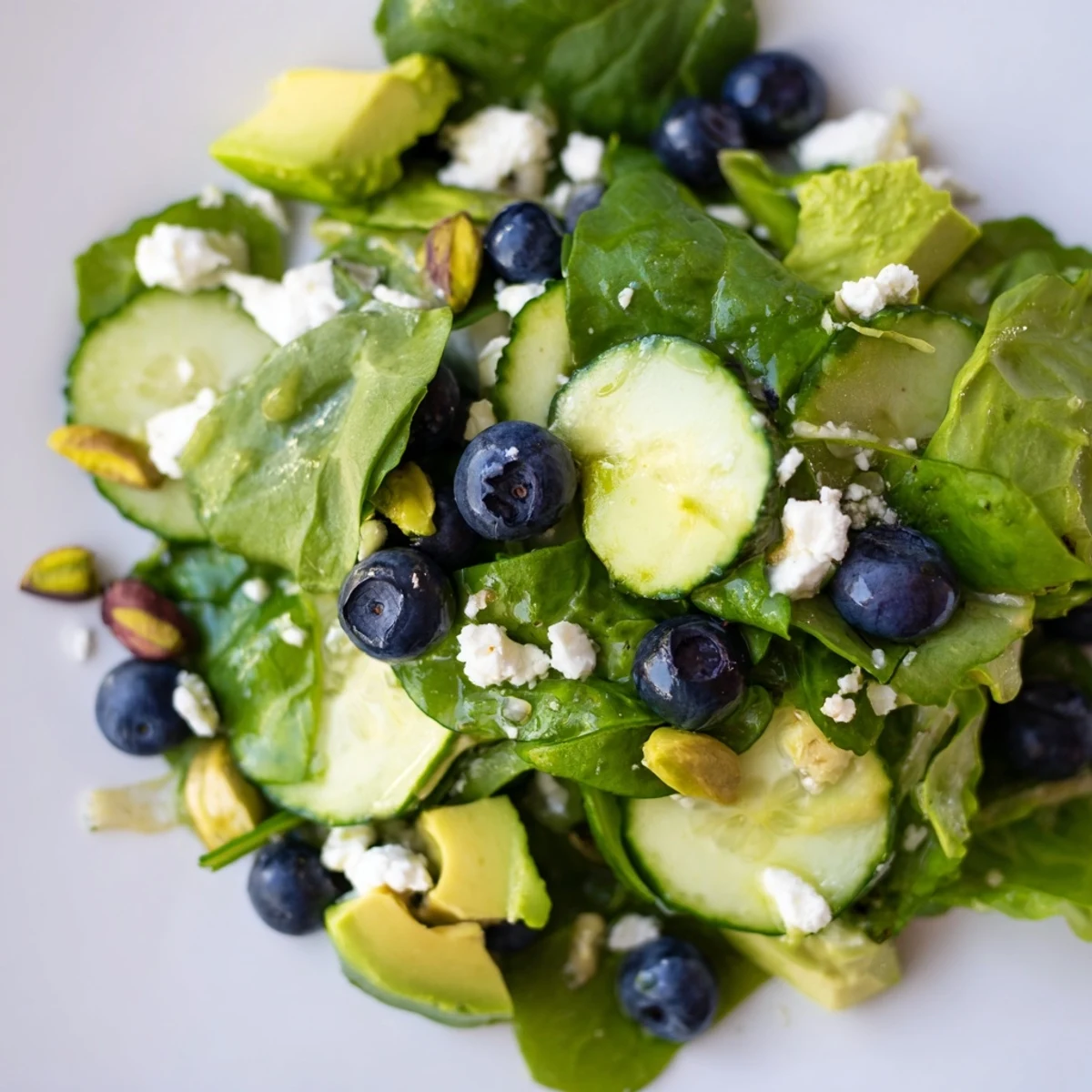 Fresh blueberry pistachio spring salad with creamy avocado and tangy feta on a white serving plate
