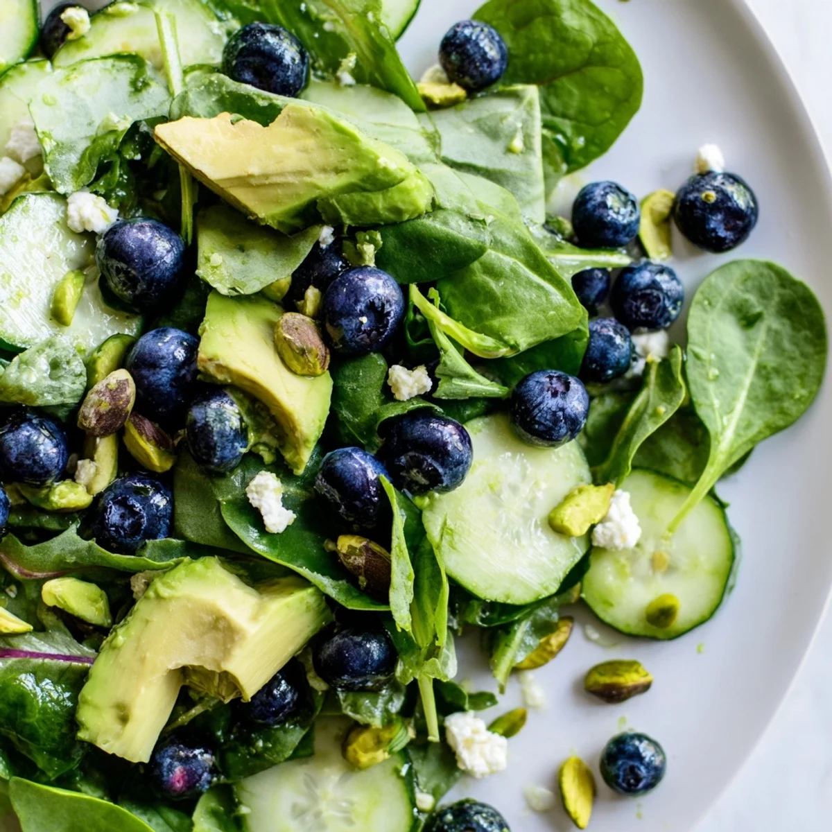 Vibrant blueberry pistachio spring salad topped with crunchy nuts and drizzled with zesty lemon dressing