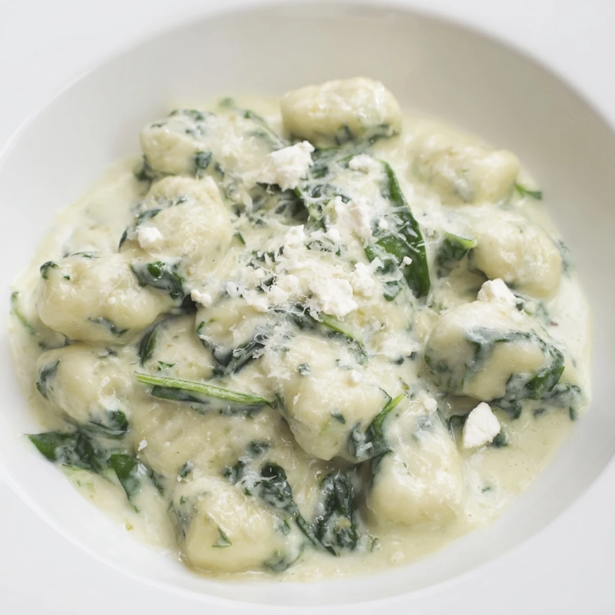 Soft potato gnocchi with spinach and feta swimming in rich, velvety cream sauce