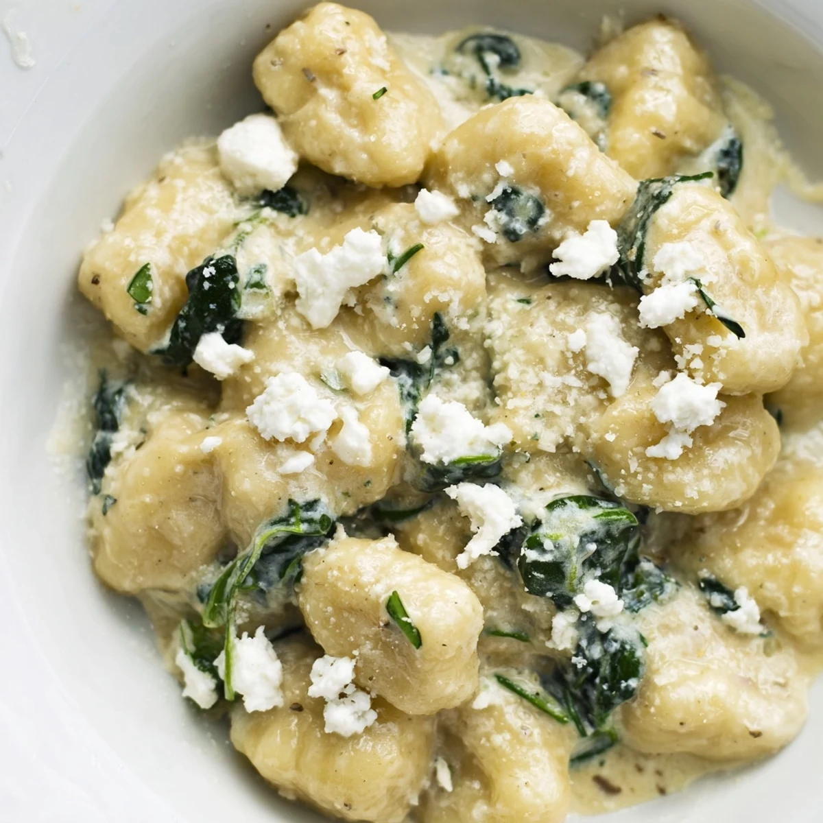 Creamy gnocchi with spinach and feta topped with cracked black pepper and fresh garnish