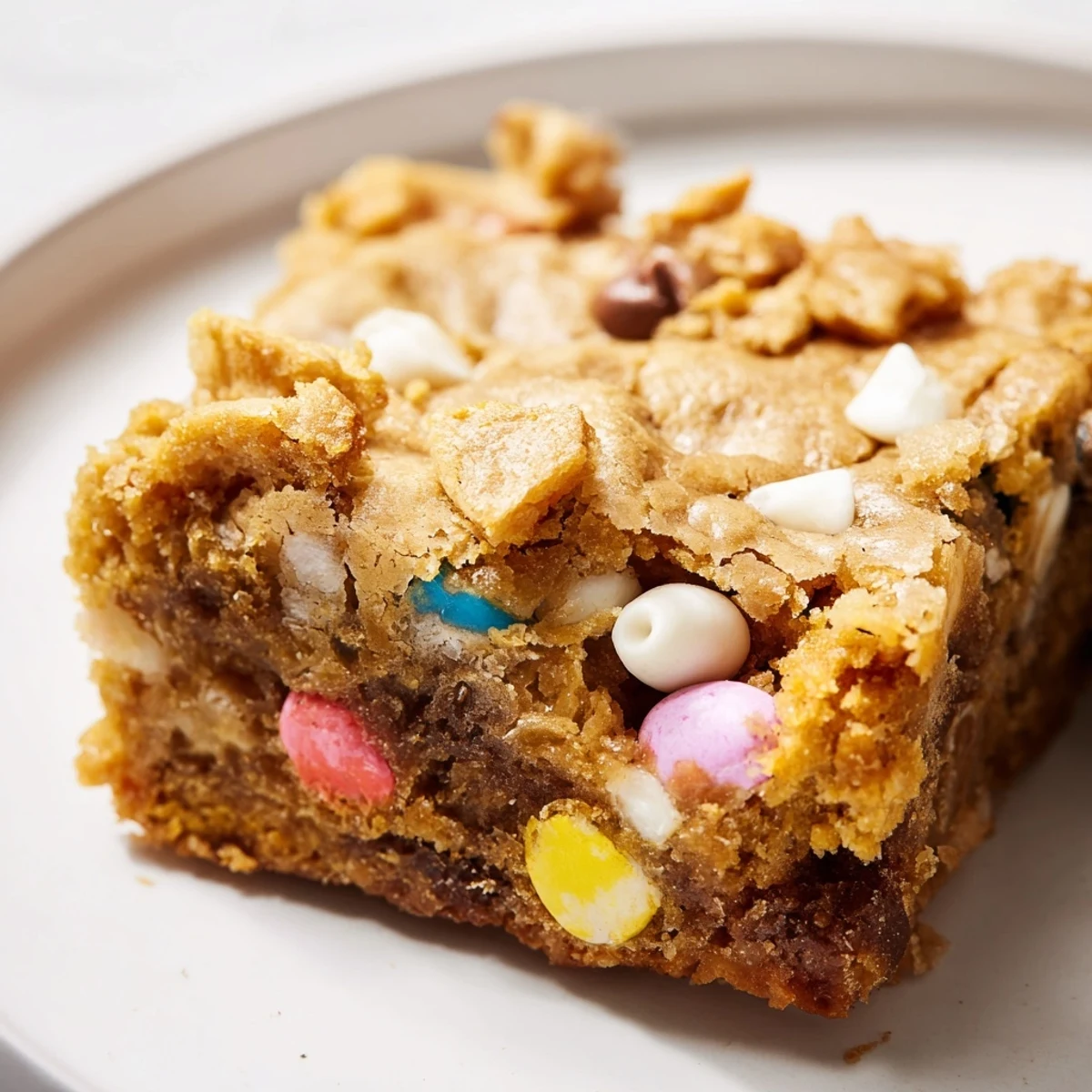 Chewy Mini Cadbury Easter Egg Blondies with colorful candy eggs scattered across golden brown squares