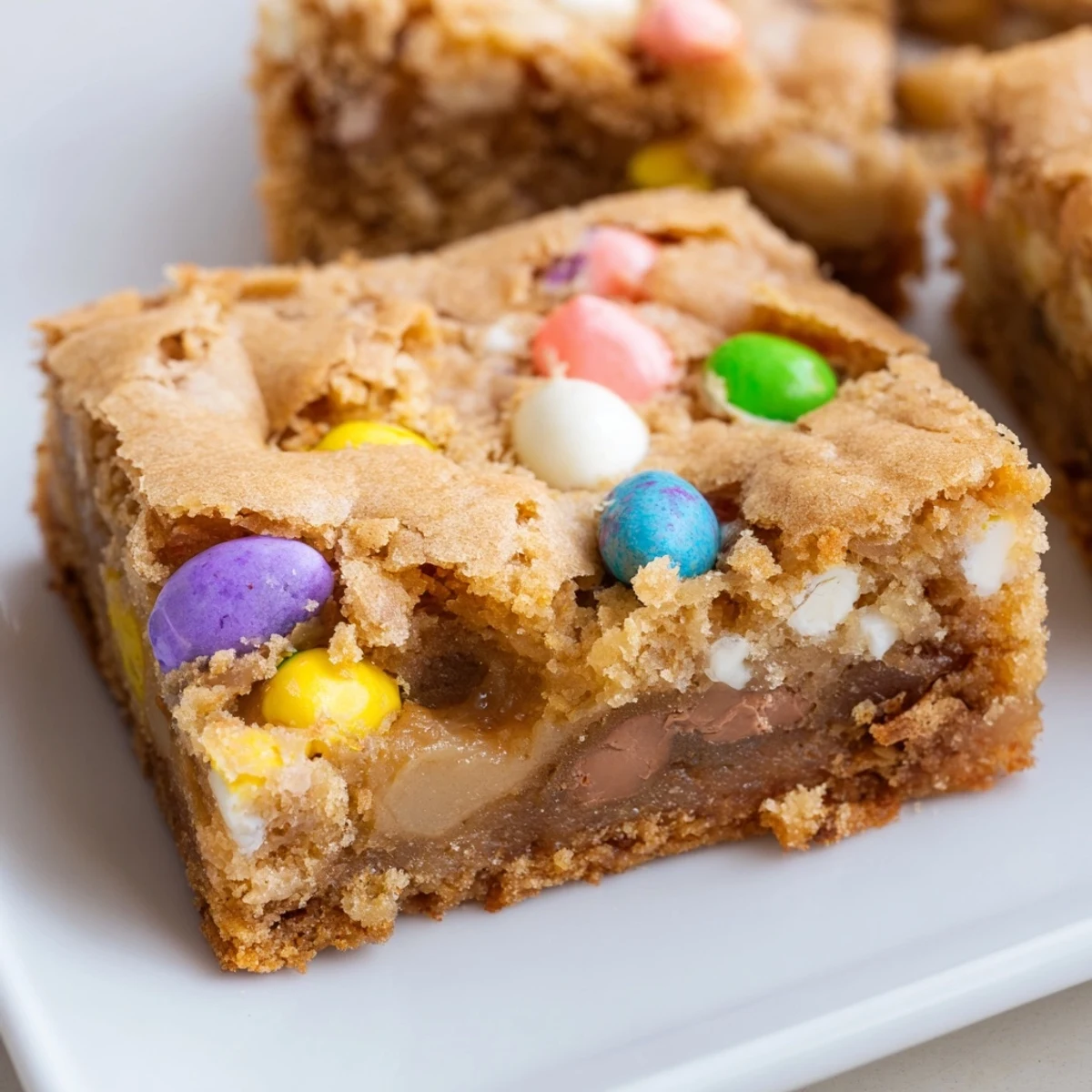 Golden Mini Cadbury Easter Egg Blondies cut into fudgy squares topped with pastel chocolate candies