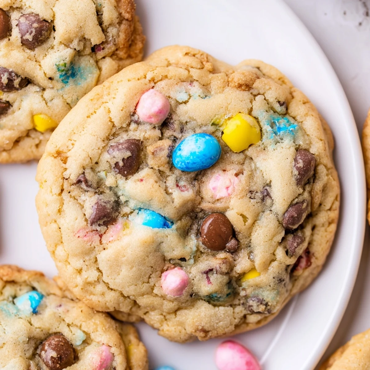 Soft Cadbury Egg Cookies with golden edges and colorful candy pieces on a rustic baking sheet