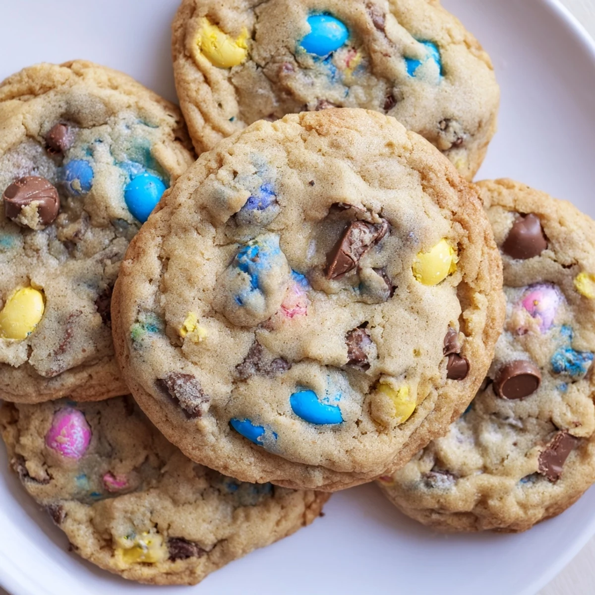 Chewy Cadbury Egg Cookies studded with chocolate chips and pastel mini eggs ready to serve