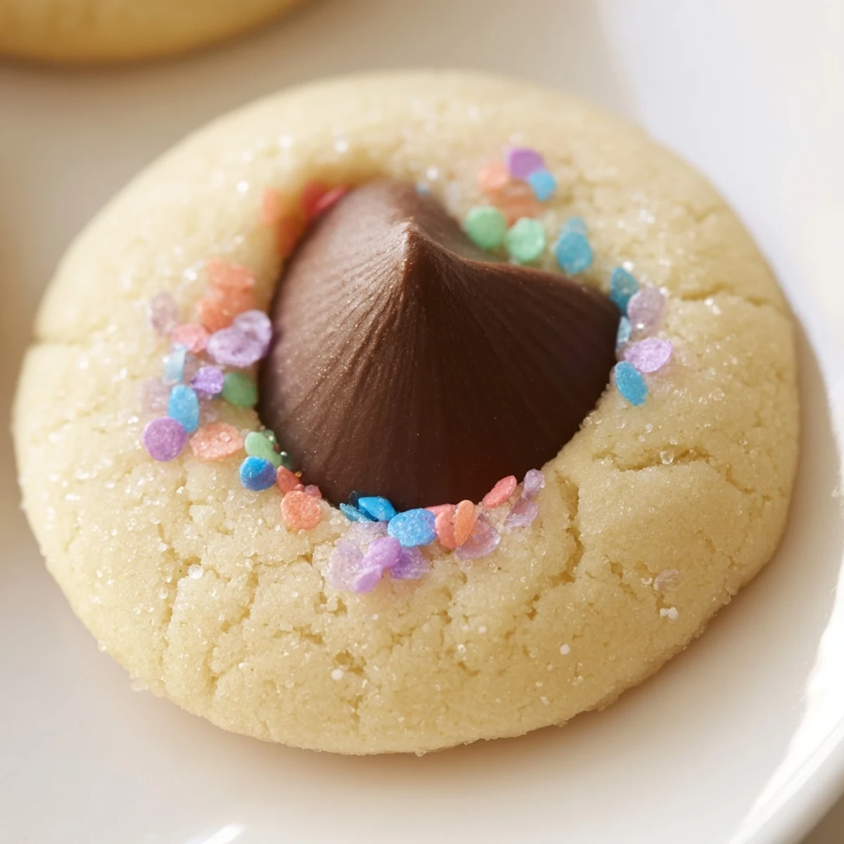 Soft Easter Blossom Cookies topped with colorful chocolate kisses and pastel sprinkles on a rustic baking sheet.