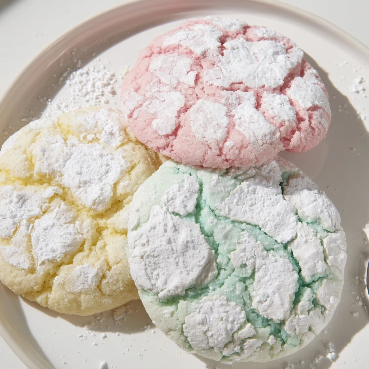 Soft pastel crinkle cookies with powdery sugar cracks on a rustic baking sheet