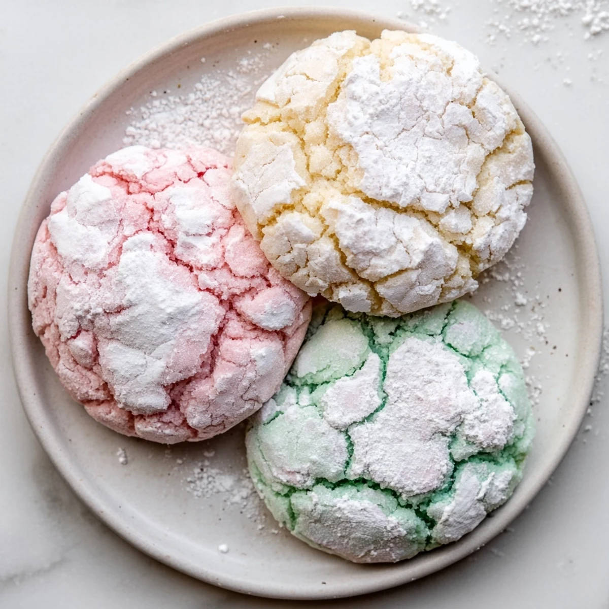 Delicate pastel crinkle cookies dusted in snowy powdered sugar ready for serving