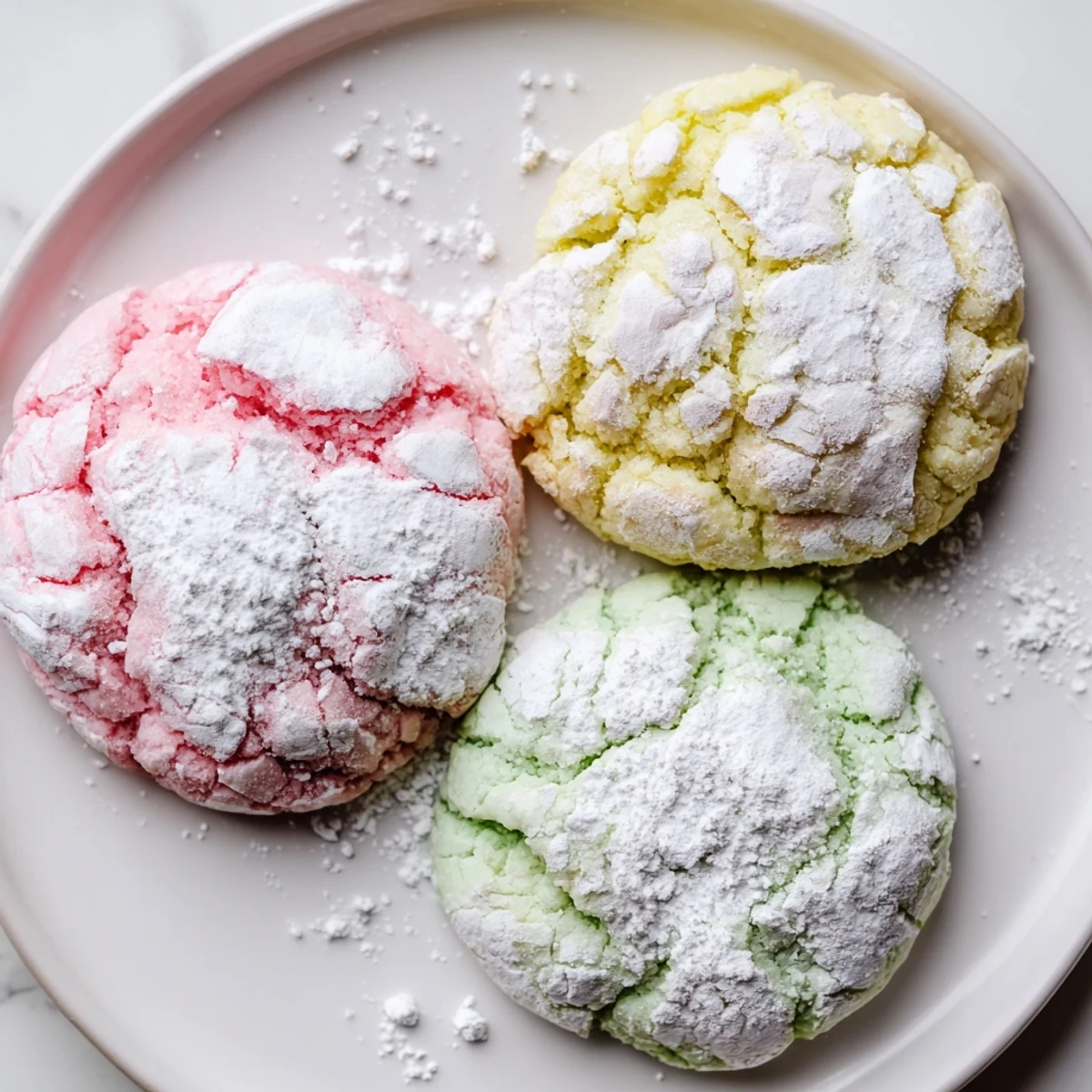 Chewy pastel crinkle cookies in pink yellow green and blue hues