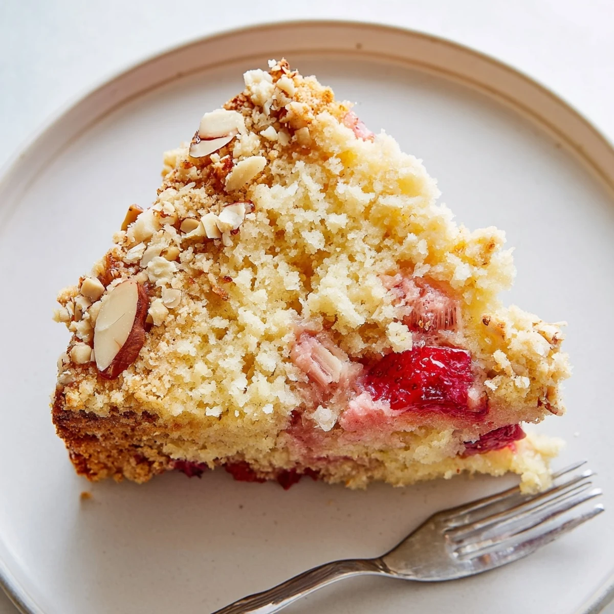 Golden spring baking treat topped with crunchy almond streusel and vibrant rhubarb strawberry filling