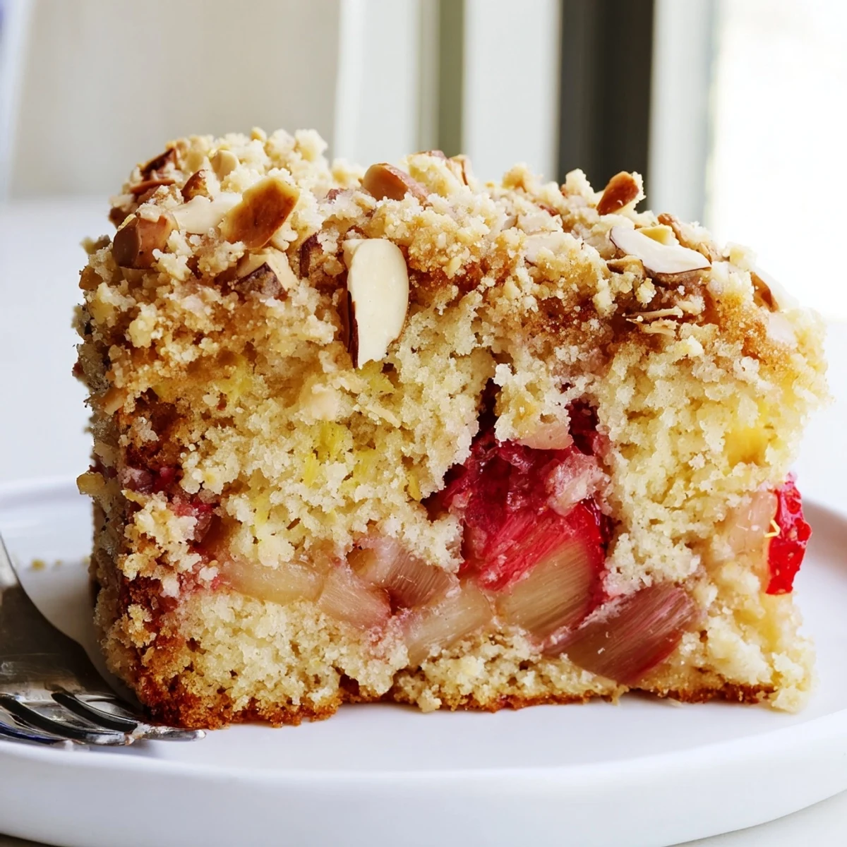 Slice of spring baking treat on a plate with whipped cream and fresh strawberries