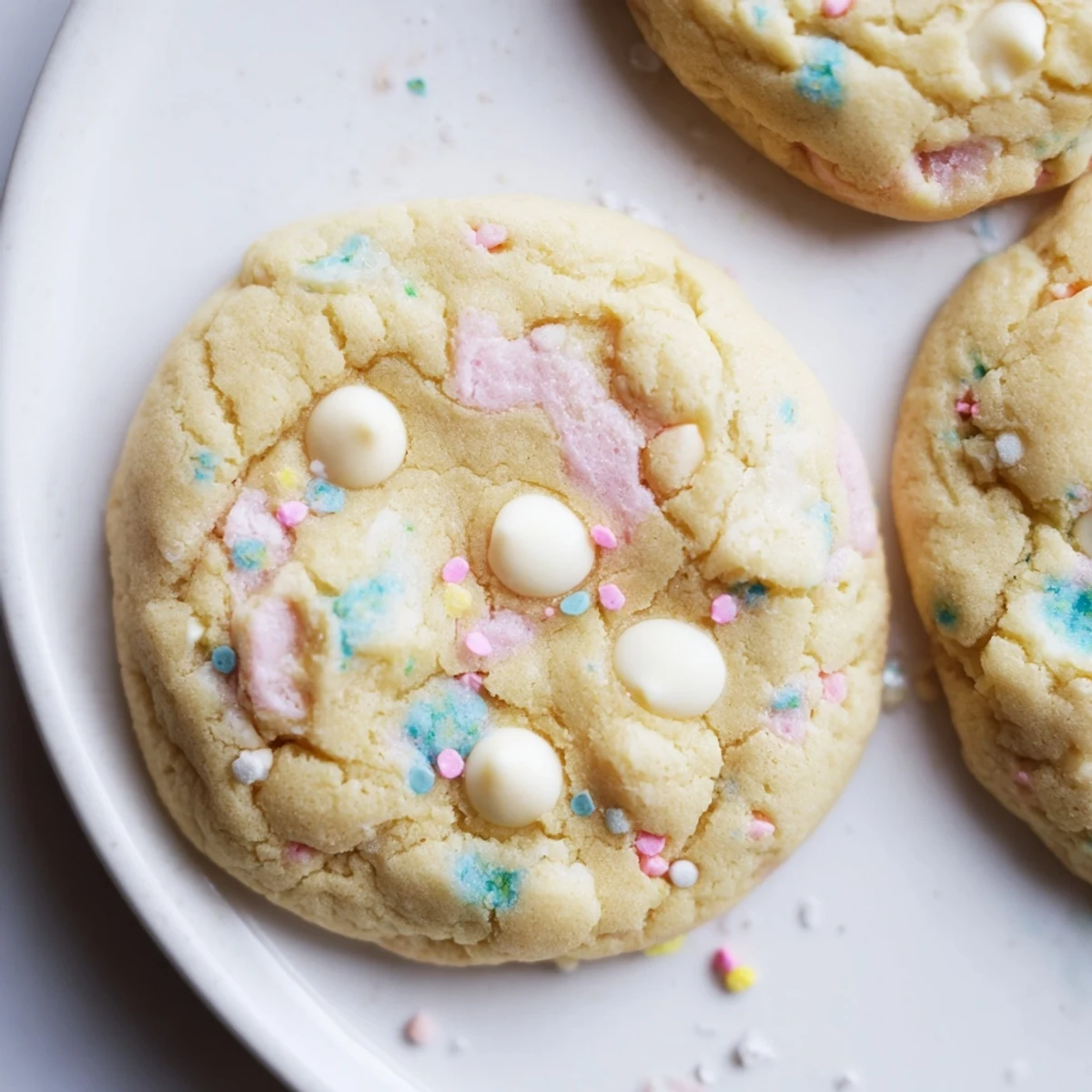 Soft pastel white chocolate cookies with colorful sprinkles stacked on a rustic wooden serving board