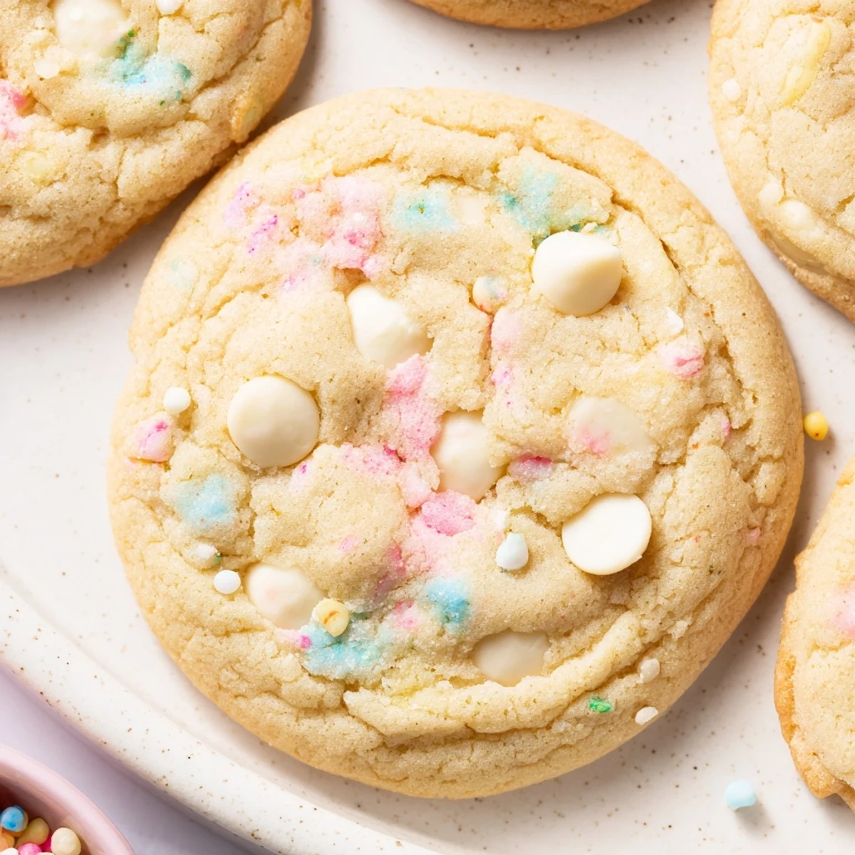 Chewy pastel white chocolate cookies fresh from the oven with lightly golden brown edges
