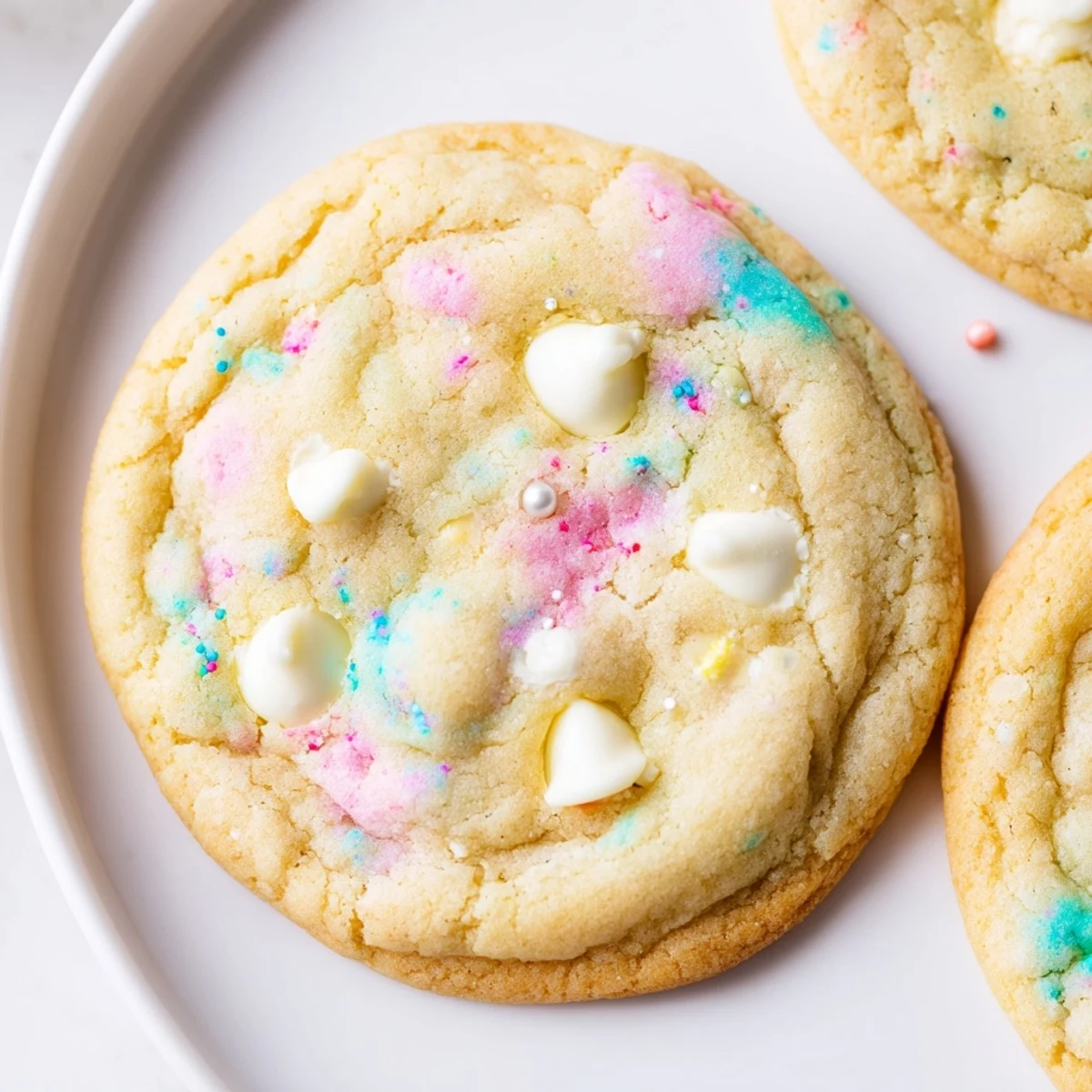 Creamy white chocolate chips and pastel sprinkles bursting from every soft homemade cookie bite