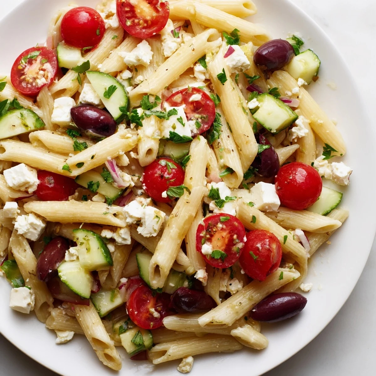 Greek pasta salad loaded with crisp cucumbers, juicy tomatoes, and creamy feta in a zesty herb dressing
