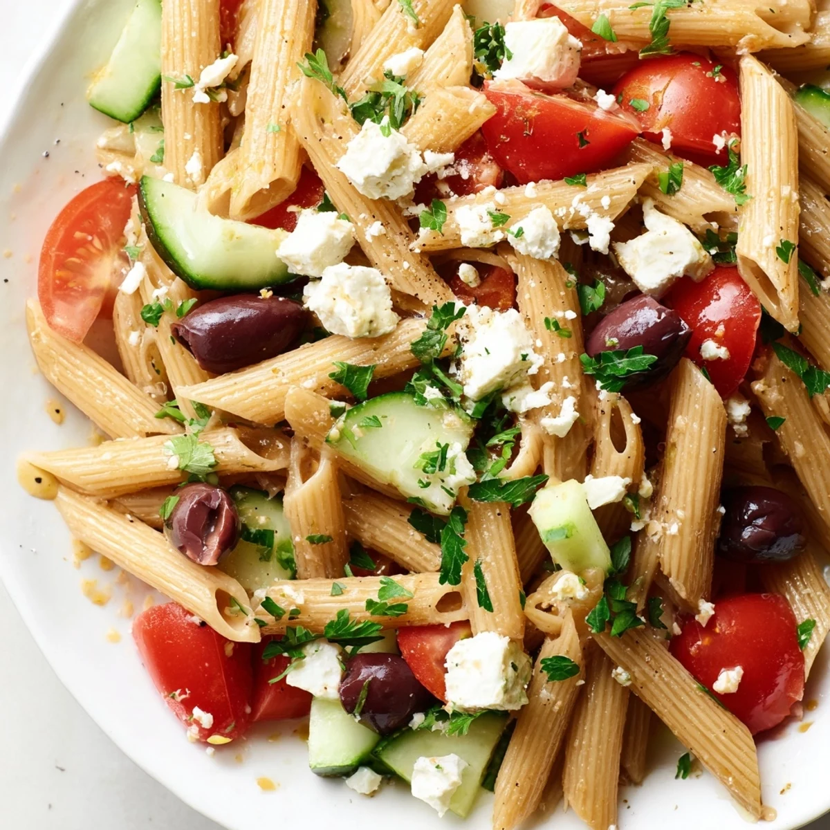 Vibrant Greek pasta salad featuring colorful vegetables, briny olives, and tangy feta cheese in a serving bowl