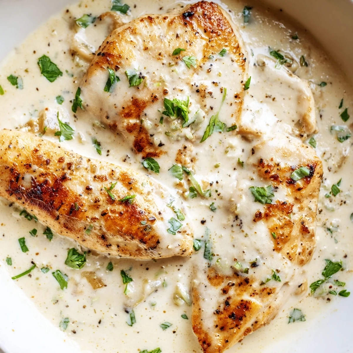 Creamy garlic chicken with golden seared breasts nestled in rich parmesan sauce