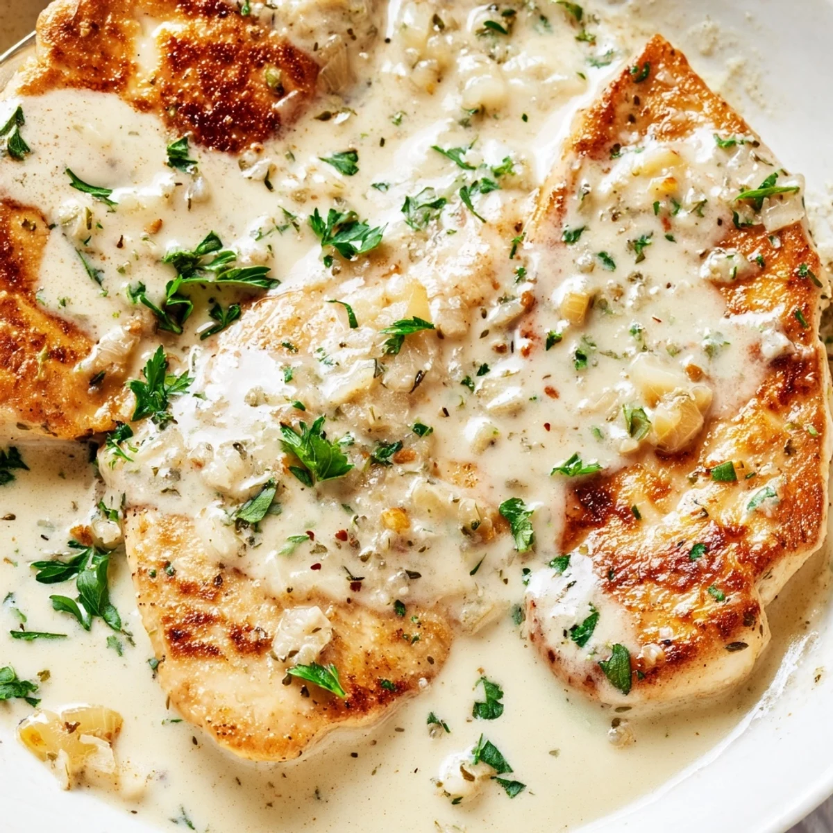 Tender creamy garlic chicken smothered in velvety white sauce with fresh parsley